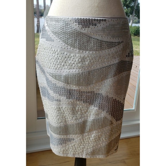 White House Black Market Women's Gray Silver Metallic Sequin Skirt Sz 6 & Blouse - Picture 13 of 13